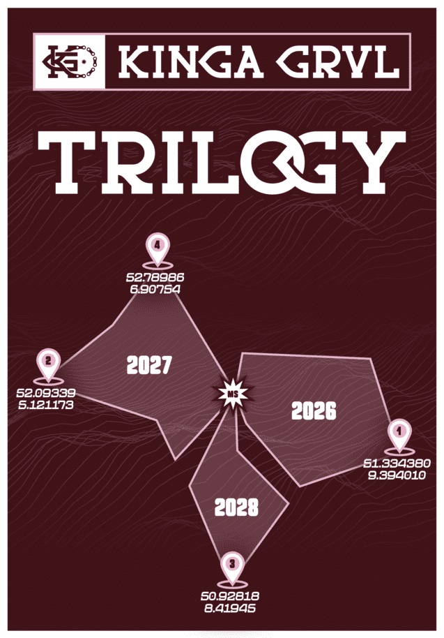 Karte mit geographischen Koordinaten und den Jahren 2026, 2027, 2028 f&uuml;r die Veranstaltung "Kinga Grvl Trilogy".