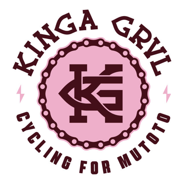 Logo von Kinga GRVL mit dem Schriftzug „Cycling for Mutoto“ und einem stilisierten Kettenblatt.